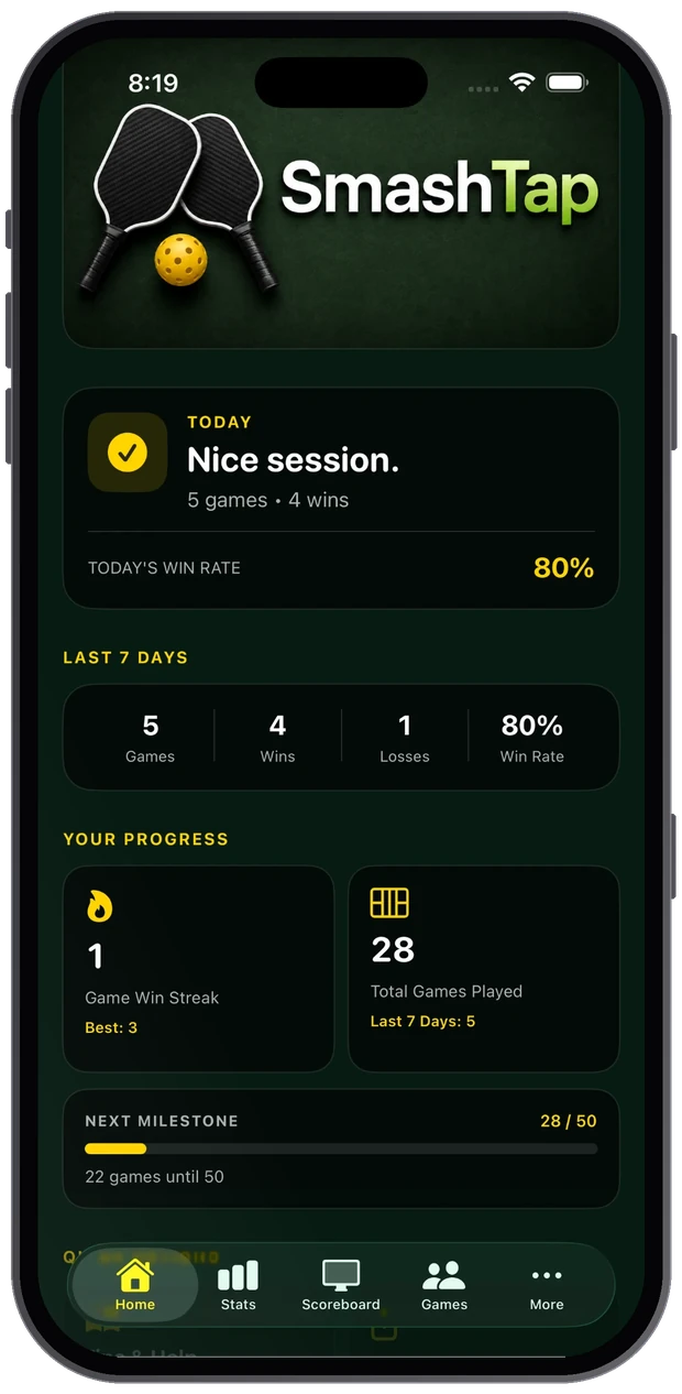 SmashTap iPhone app home screen showing today’s session, an 80% win rate, and your win streak