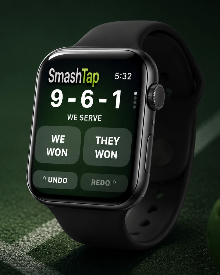 Apple Watch showing the SmashTap scoring screen with We Won and They Won buttons